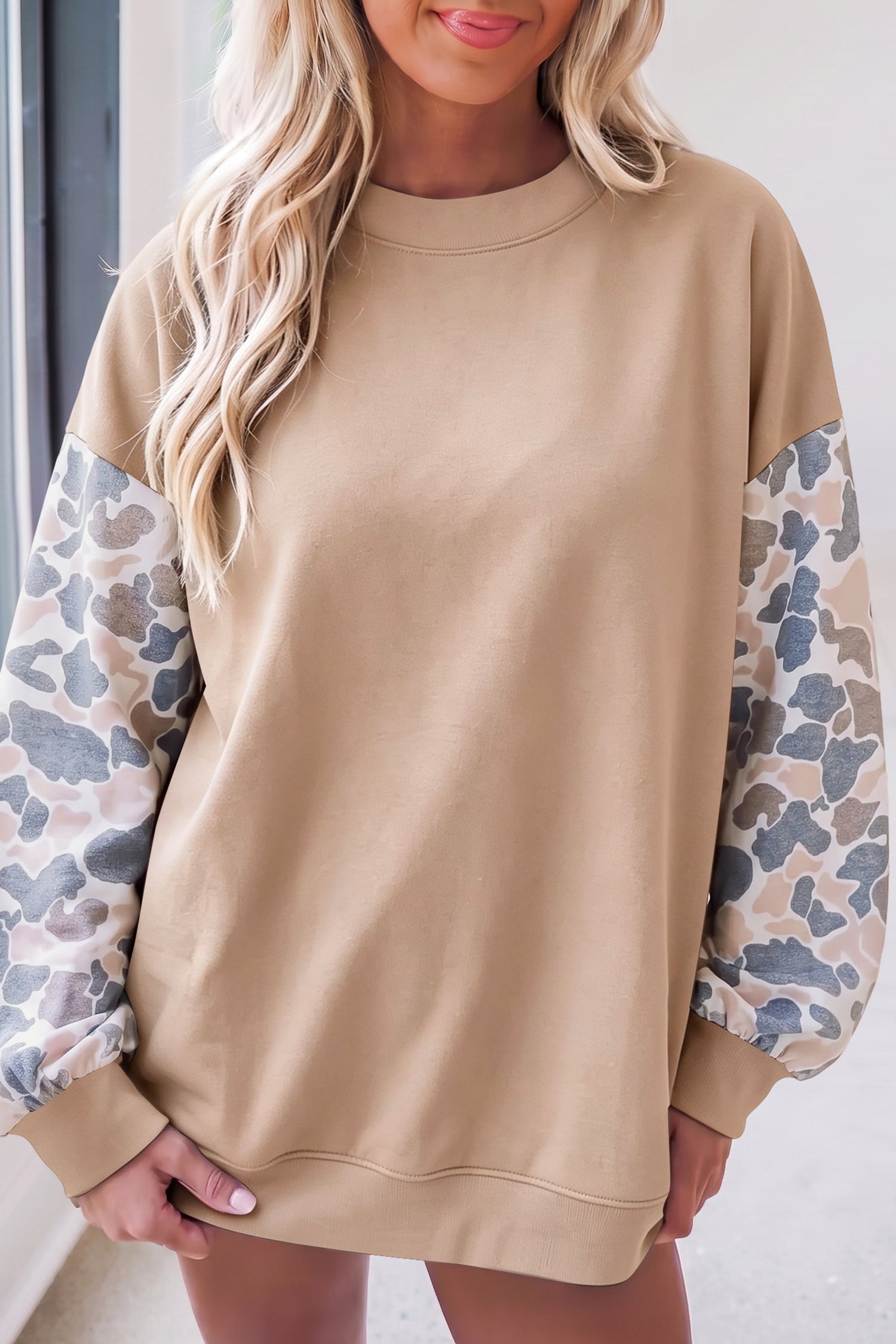 Coffee Camouflage Sleeve Crewneck Baggy Pullover Sweatshirt