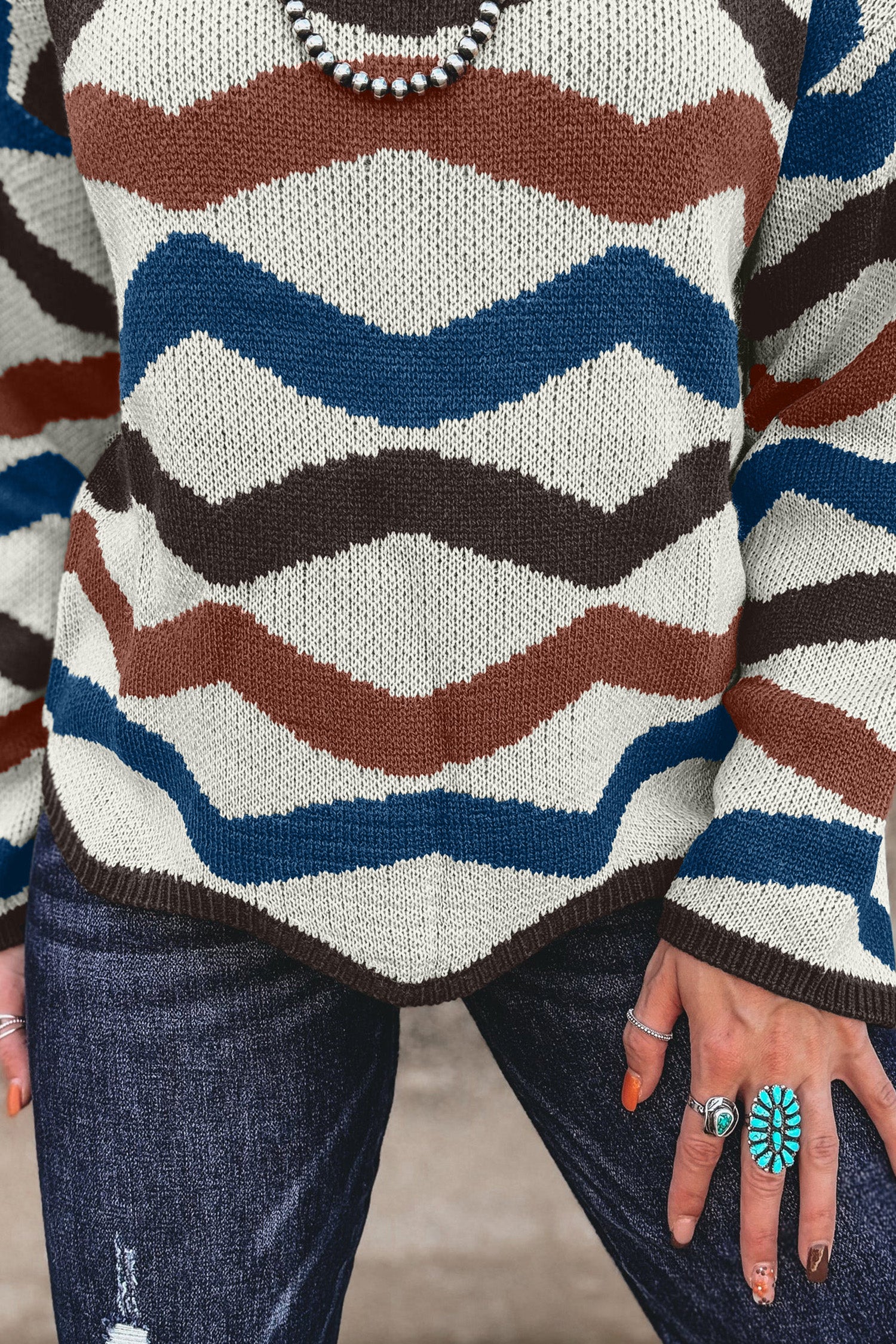 Multicolour Retro Wave Print Western Sweater