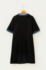 Black Colorblock Denim Collar Short Sleeve Plus Size Shift Dress