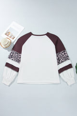 Beige Leopard Print Colorblock Round Neck Long Sleeve Plus Size Blouse