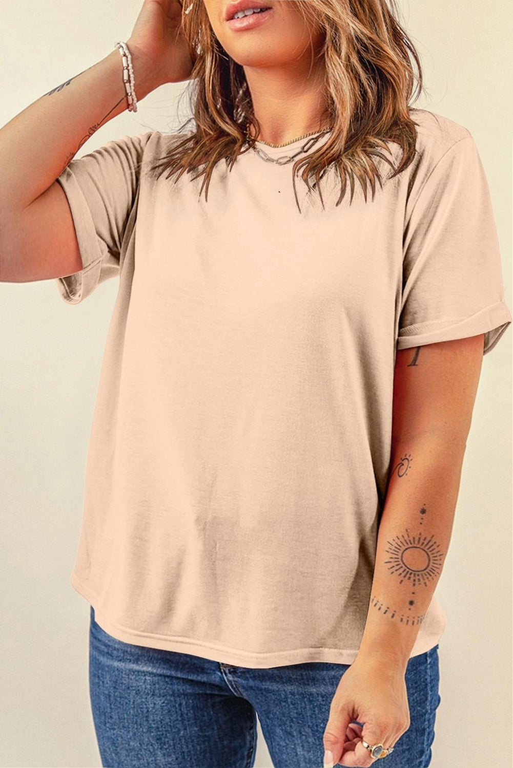 Yellow Cream Casual Plain Crew Neck Tee