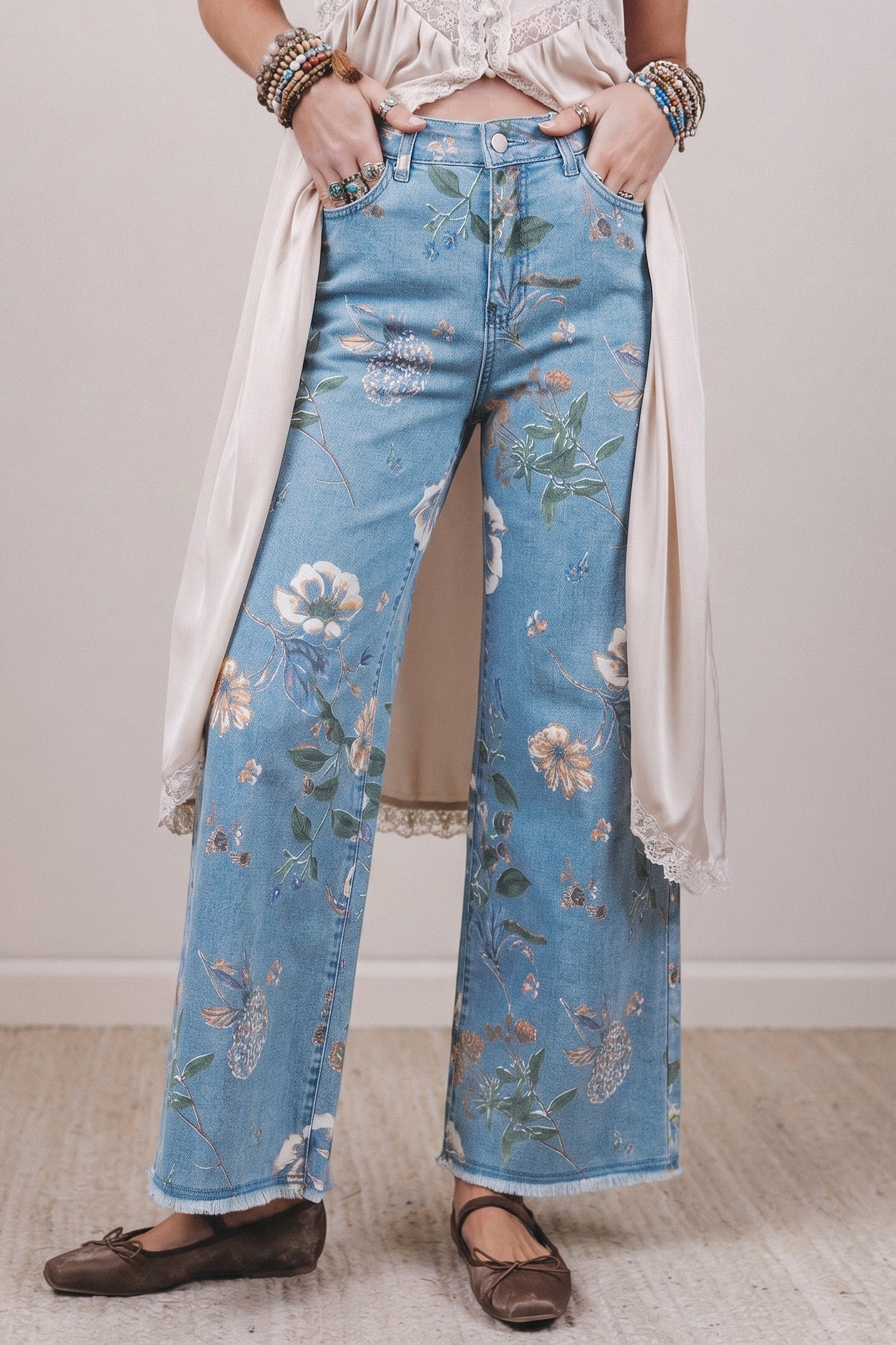 Sky Blue Retro Floral Print Frayed Hem Shift Jeans