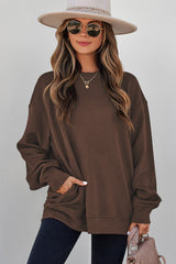 Coffee Solid Color Textured Round Neck Drop Shoulder Pullover Sweatshirt