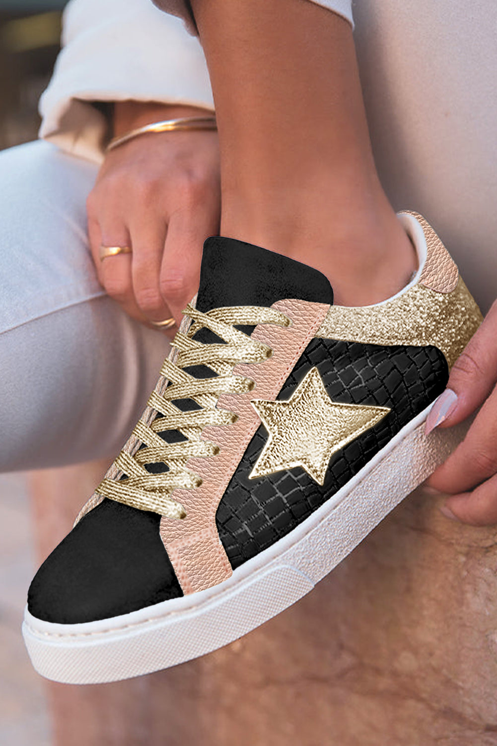 Tillandsia Purple Dearlove Glitter Star Patchwork PU Leather Lace-up Sneakers