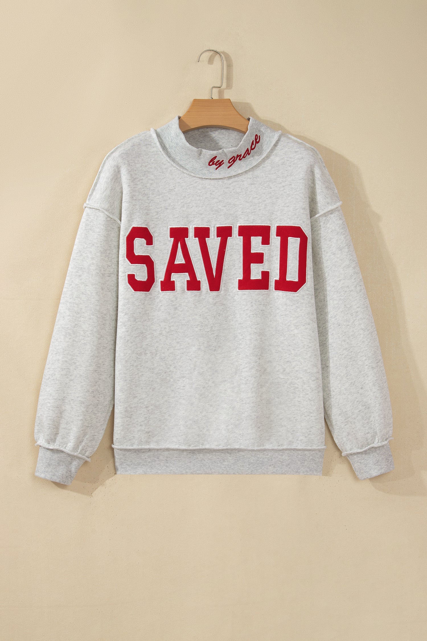 Gray Saved By Grace Embroidered Detail Letter Graphic High Neck Sweatshirt