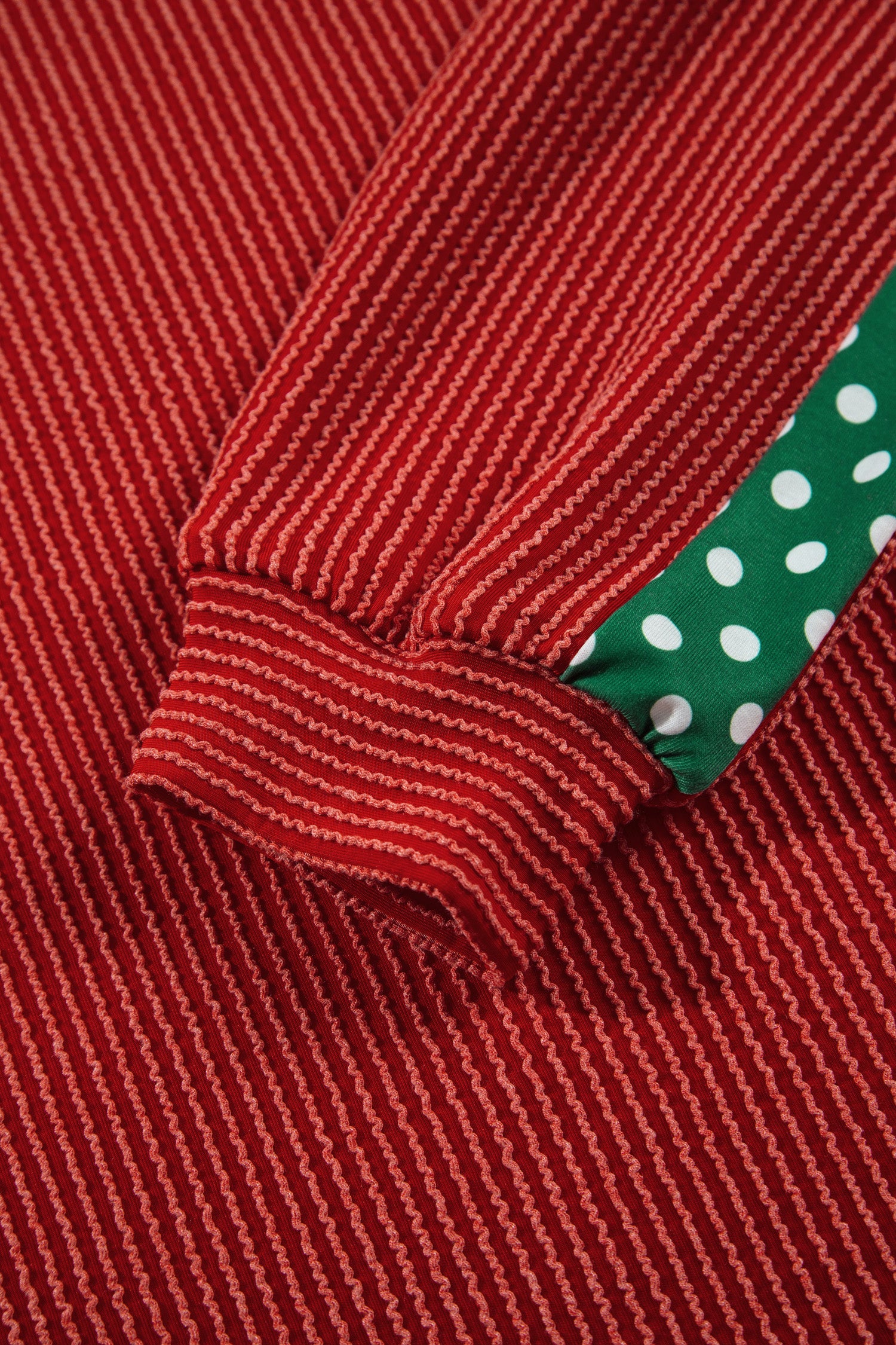 Red Cozy Ribbed Patchwork Polka Dot Trim Long Sleeve 2pcs Pant Set