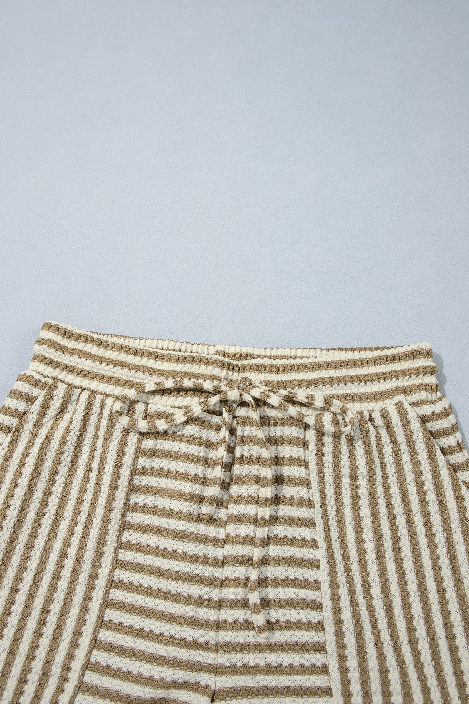 Brown Stripe Textured Knit Long Sleeve Top Elastic Waist Shorts Casual Outfit