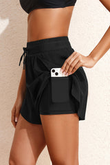 Black High Waist Drawstring 2-in-1 Side Pocket Bikini Shorts
