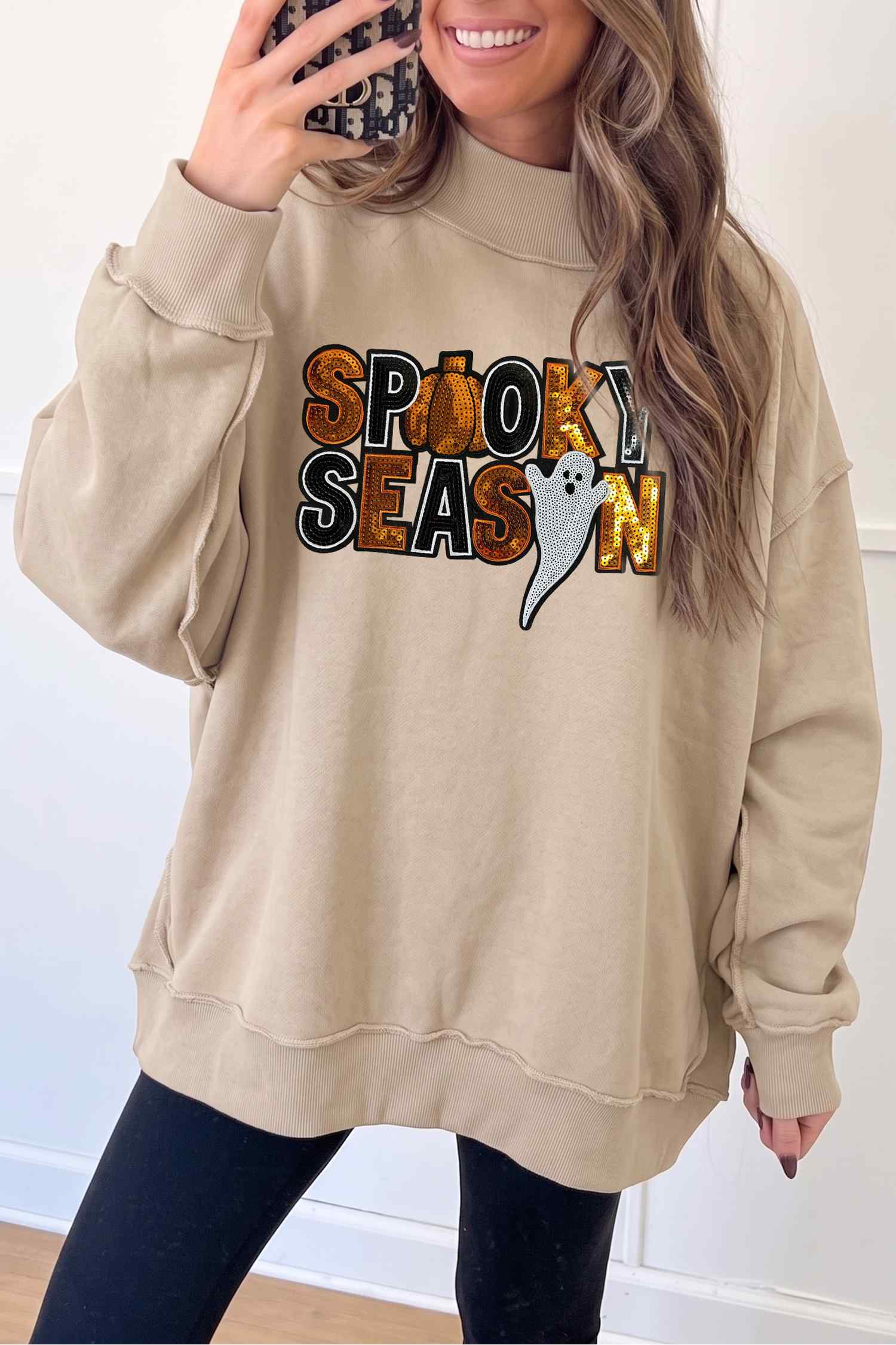 Apricot Sequin Spooky Season Graphic Mock Neck Halloween Sweatshirt