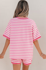 Pink Stripe Contrast Trim Short Sleeve Top Loose Shorts 2pcs Casual Outfit