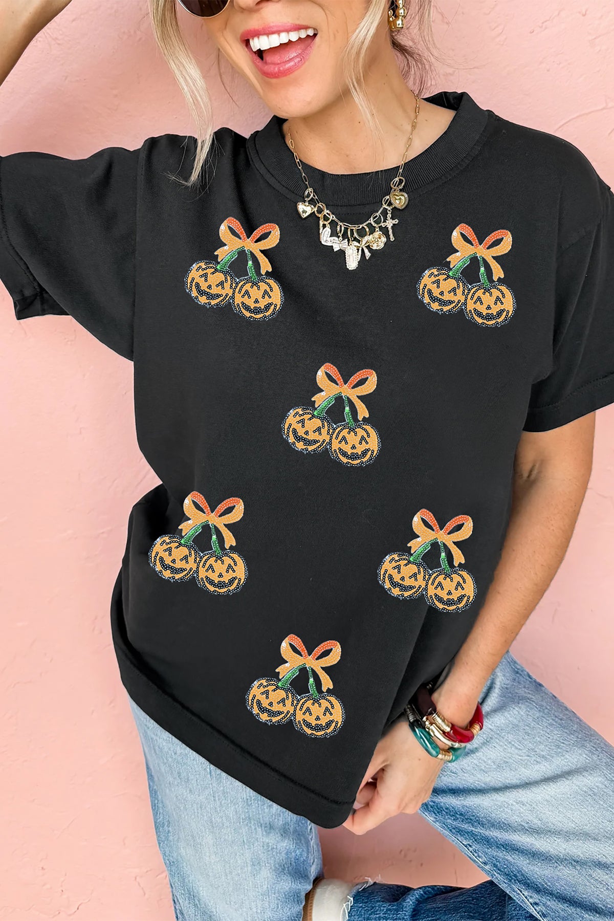Black Sequin Pumpkin Cherry Graphic Round Neck Casual T Shirt