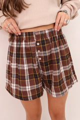 Brown Plaid Button Front Elastic Waist Shorts