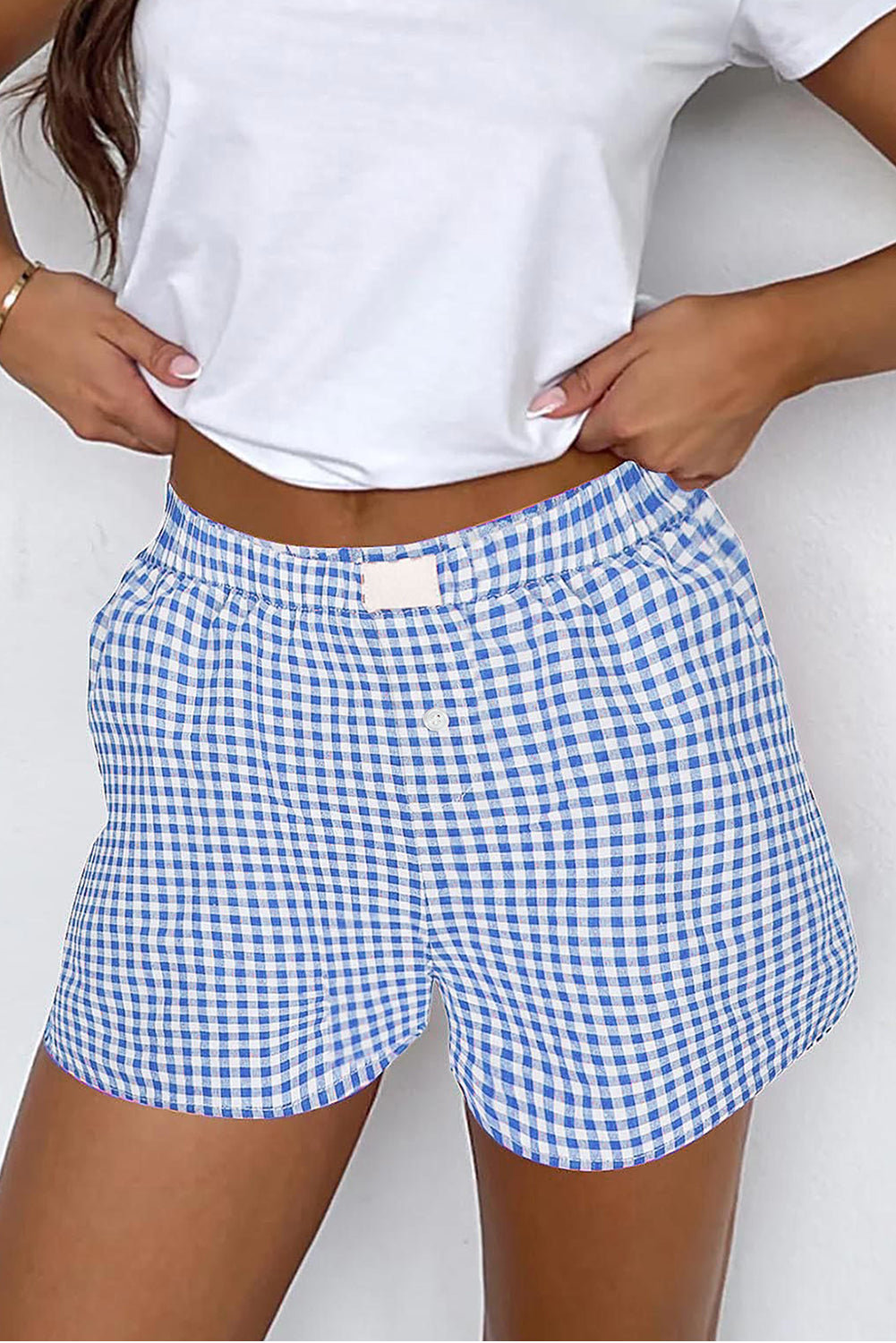 Blue Vintage Gingham Print High Waisted Loose Shorts