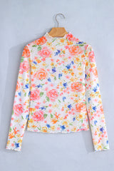 White Lettuce Trim Floral Print Sheer Mesh Long Sleeve Top
