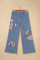 Myosotis Floral Peace Sign Embroidered Patch Wide Leg Jeans