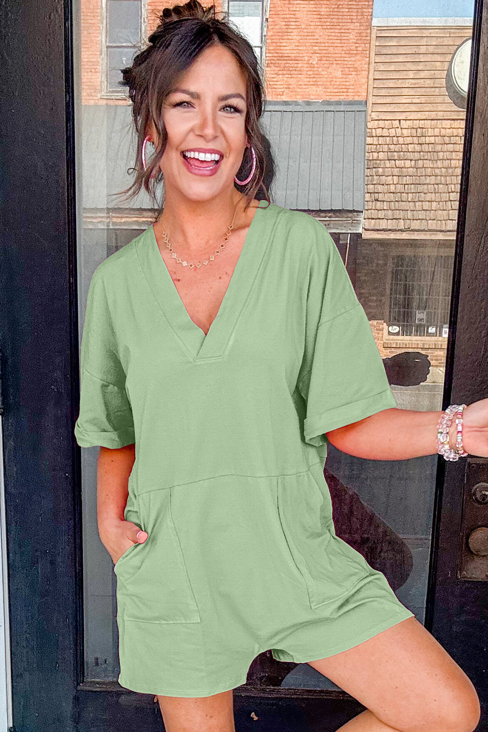 Grass Green Loose Half Sleeve V Neck Plain Romper