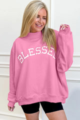 Bright Pink Oversize Blessed Embroidered Mock Neck Sweatshirt