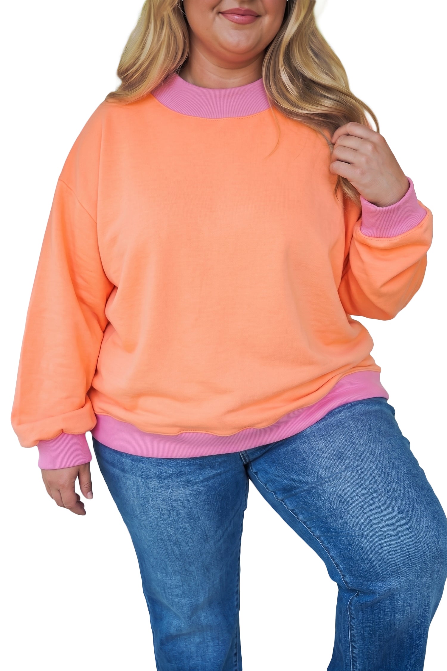 Pink Color Block Contrast Trim Plus Size Sweatshirt