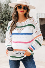 White Color Block Striped Pointelle Knit Sweater