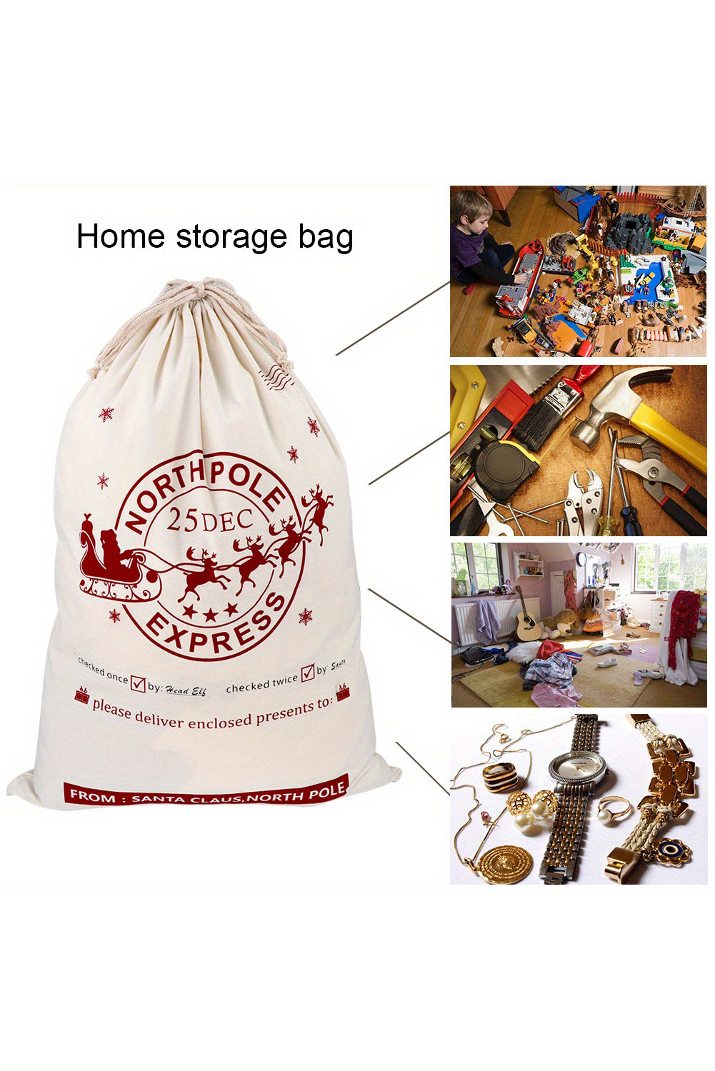 White Reindeer Drawstring Closure Christmas Party Favor Gift Bag
