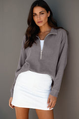 Gray Waffle Texture Collar Half Zip Pocketed Drop Shoulder Sweatshirt