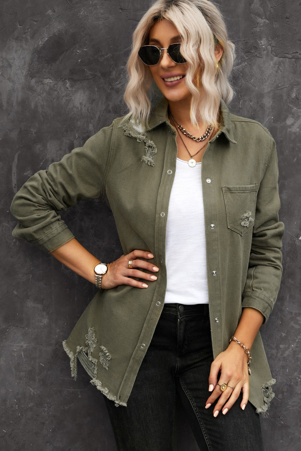 Khaki Raw Hem Distressed Denim Shirt Jacket