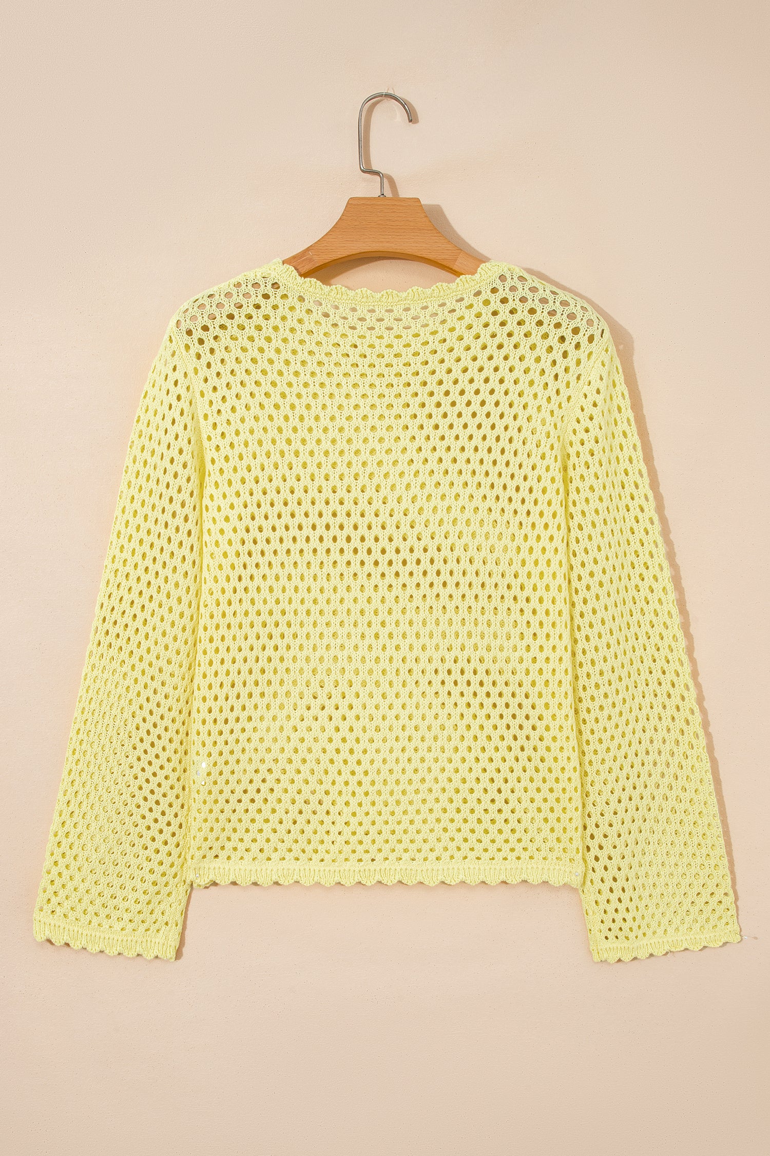 White Scalloped Trim Hollow Out Knit Long Sleeve Top
