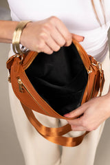 Cinnamon PU Leather Double Zipper Crossbody Bag