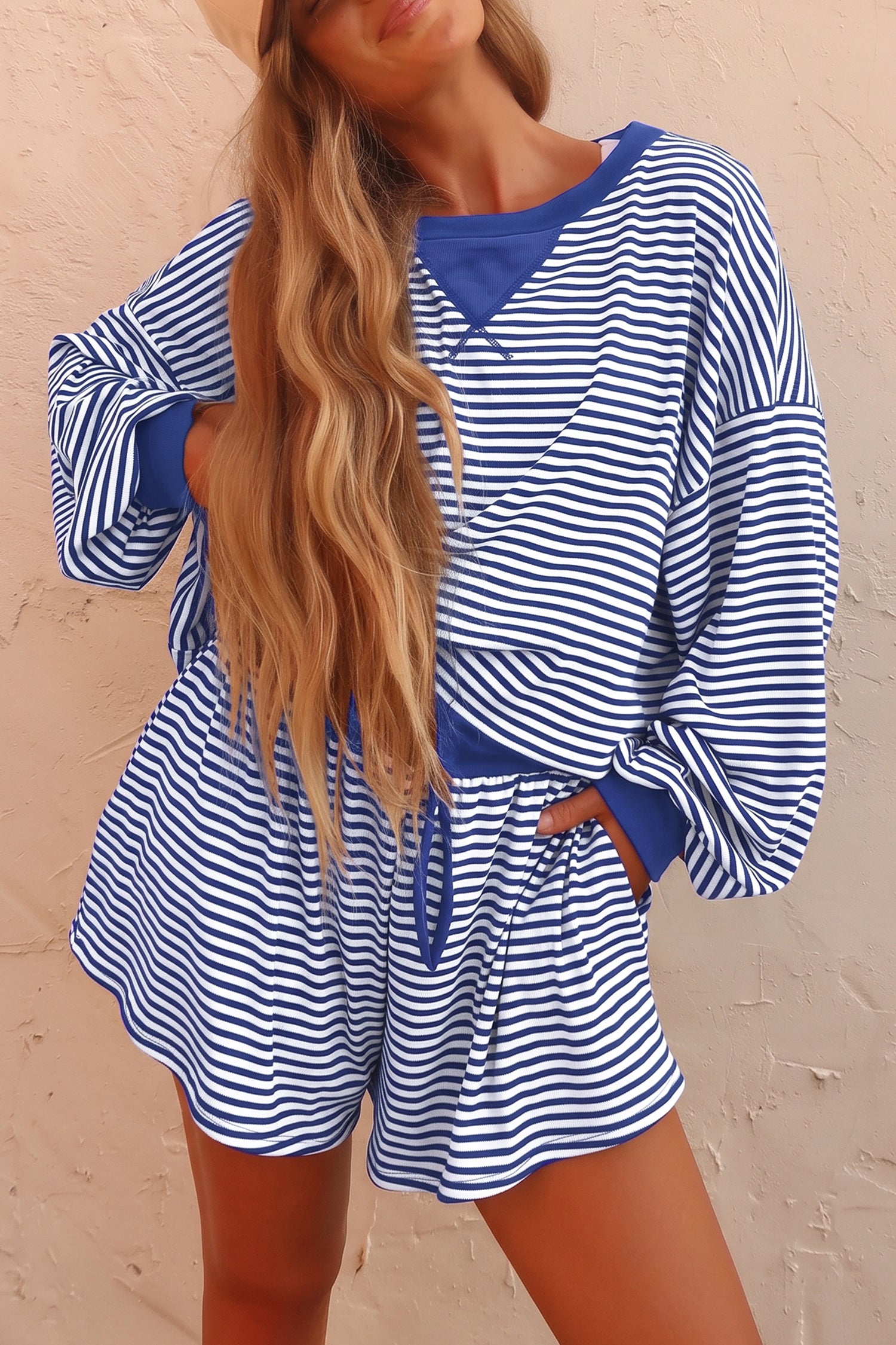 Brown Stripe Oversized Long Sleeve Top Drawstring Loose Shorts 2pcs Set