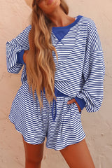 Brown Stripe Oversized Long Sleeve Top Drawstring Loose Shorts 2pcs Set