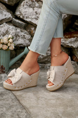 Oatmeal Cute Bow Knot Studded Wedge Platform Slippers