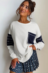 White Denim Patchwork Ribbed Round Neck Pullover Sweatshirt