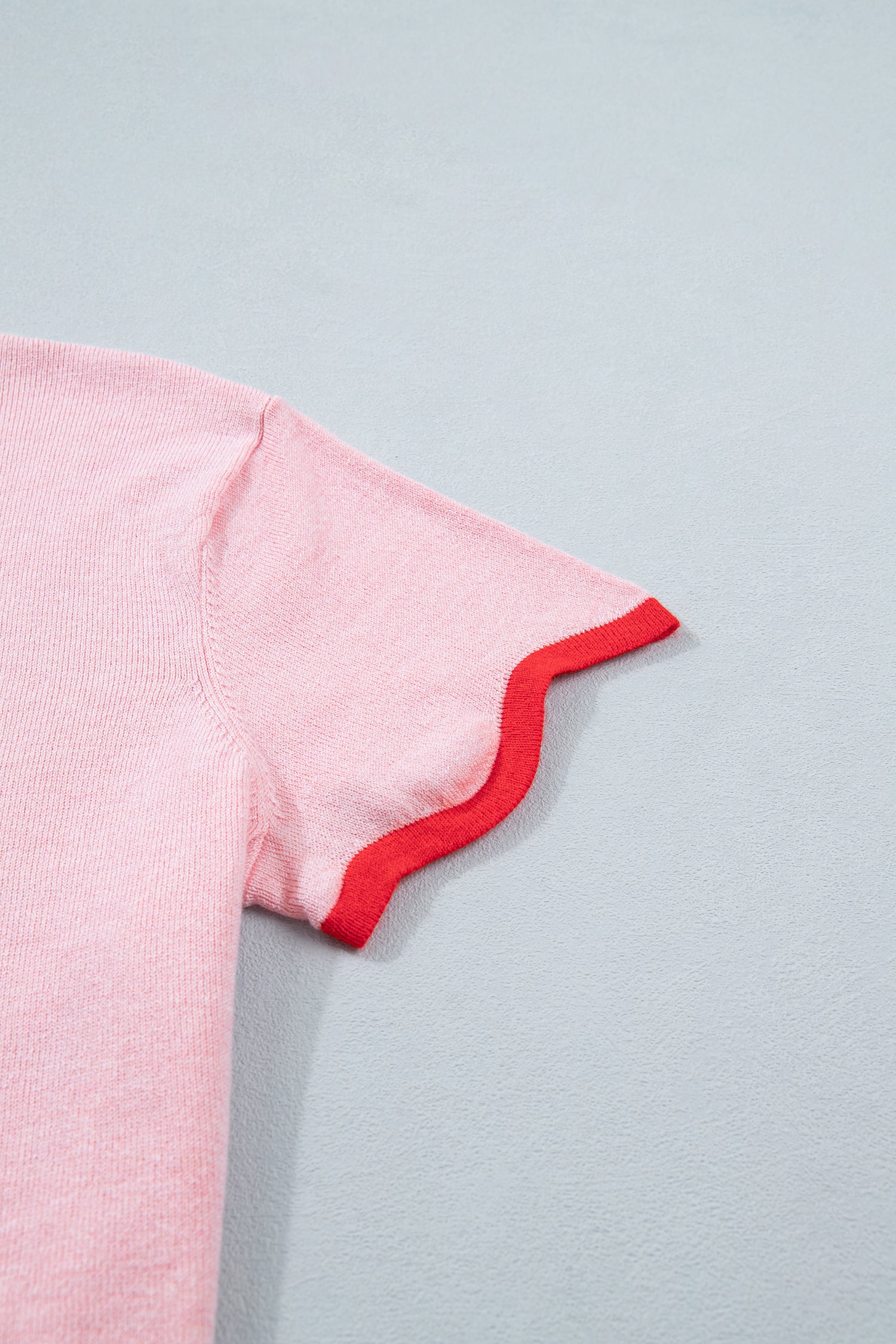 Pink Stand Neck Contrast Wavy Trim Short Sleeve Sweater