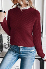 Burgundy Contrast Lace Frill Trim Raglan Sleeve Sweater