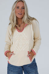 White Contrast Trim Crochet Knit Patchwork Exposed Seam Hoodie