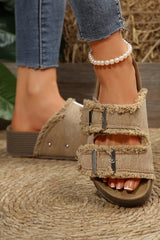 Pale Khaki Double Buckle Straps Frayed Detial Retro Slippers
