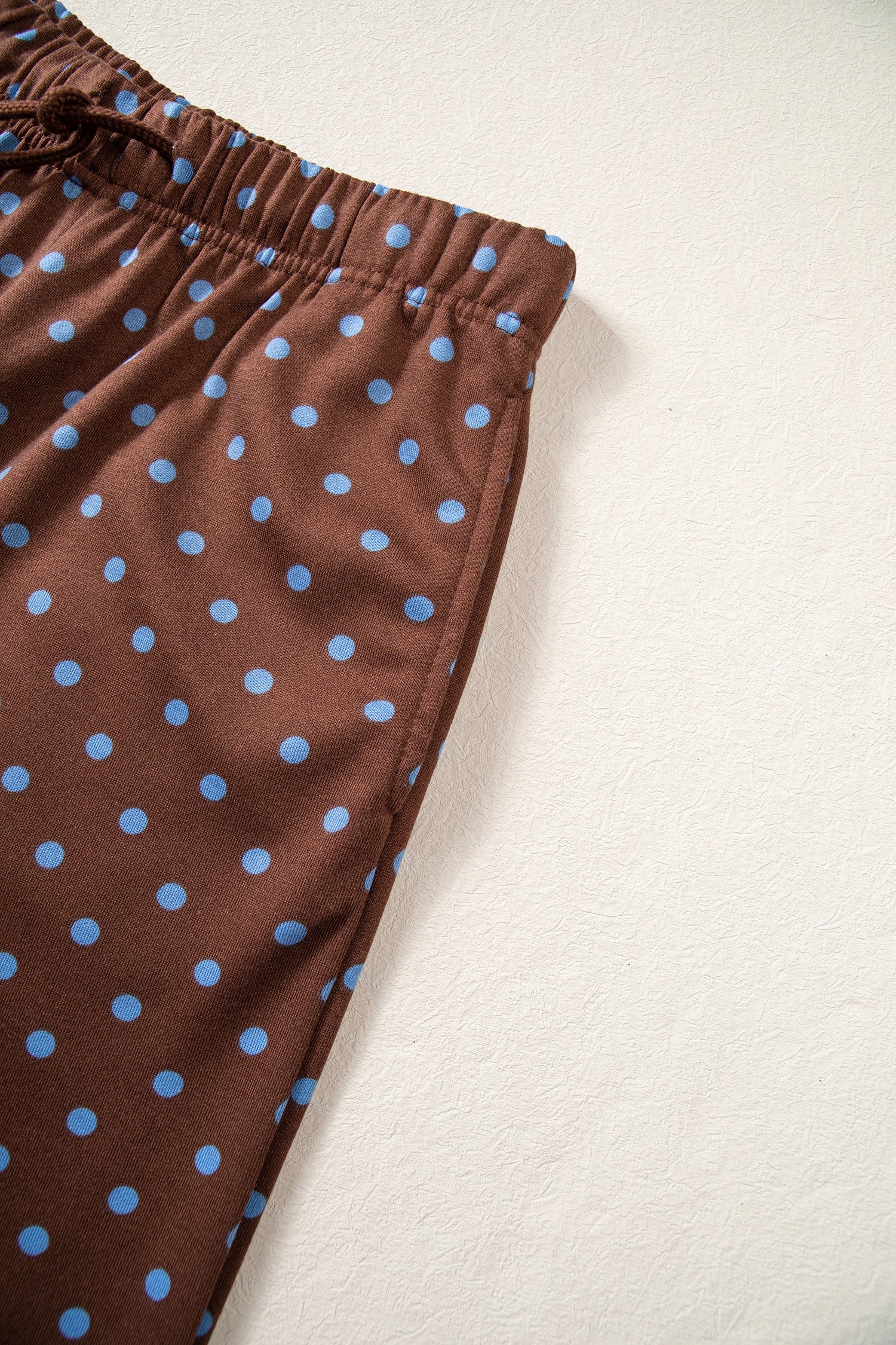 Brown Polka Dot Drawstring Wide Leg Long Sleeve Top Pant Set