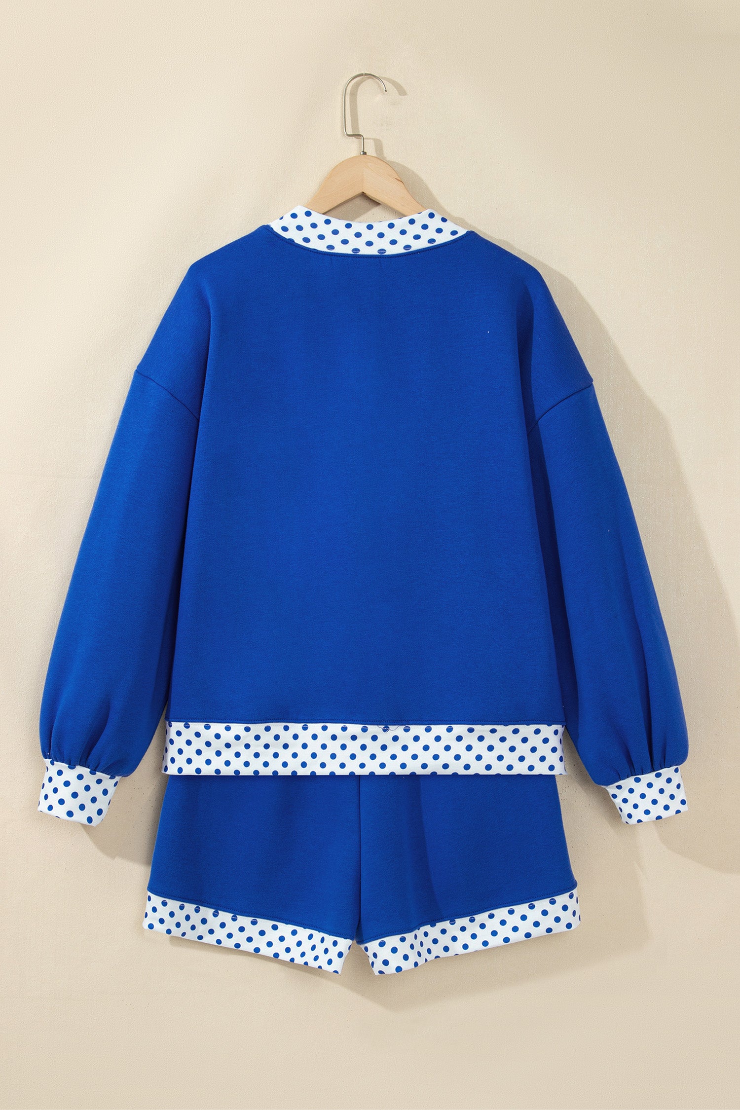 Navy Blue Polka Dot Trim Baggy Pullover 2pcs Short Set