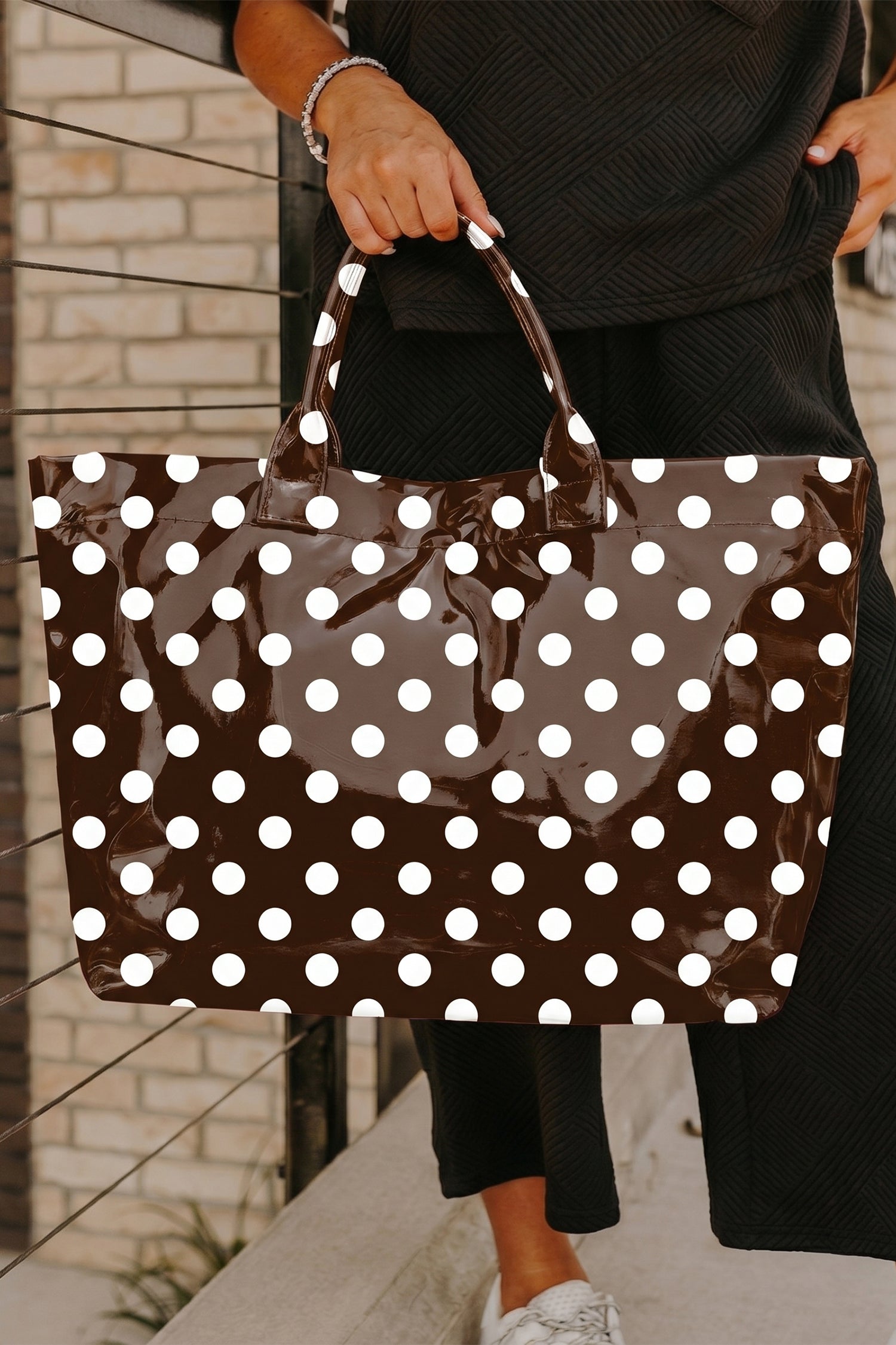 Color black Polka Dot Vinyl Glossy Tote Bag