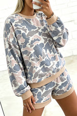 Multicolour Camouflage Patchwork Colorblock 2pcs Long Sleeve Top and Shorts Set