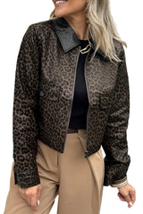 Multicolour Leopard Print Colorblock Collar Metal Placket Jacket