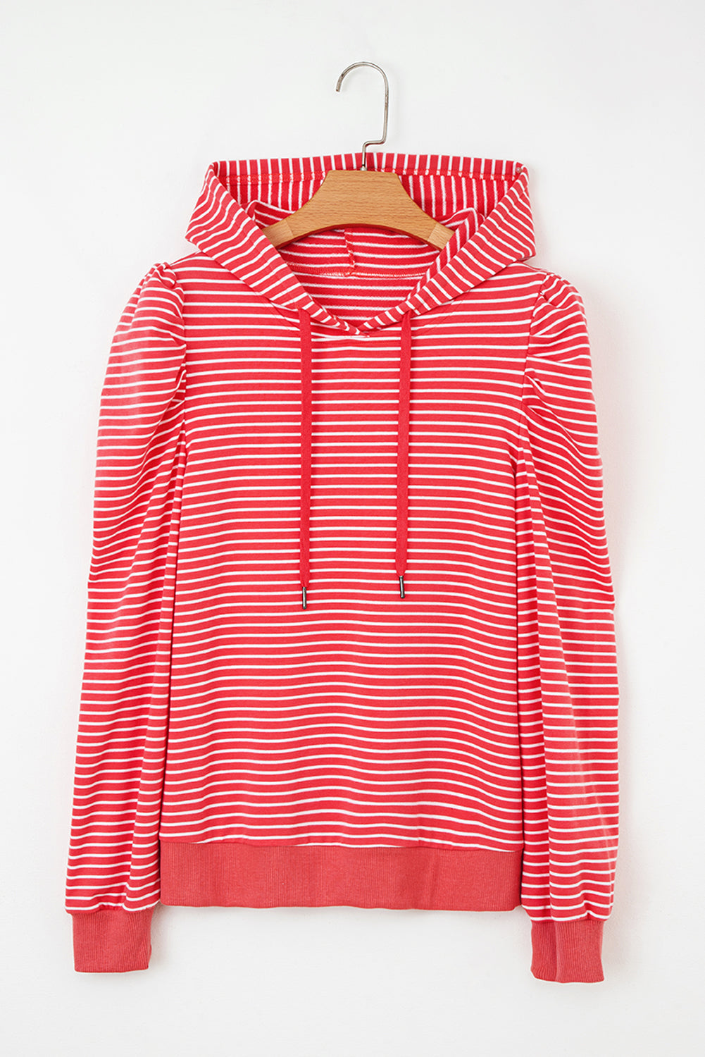 Red Striped Puff Sleeve Drawstring Hoodie