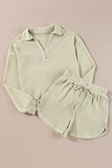 Parchment Textured Buttoned Long Sleeve Top 2 Piece Shorts Set