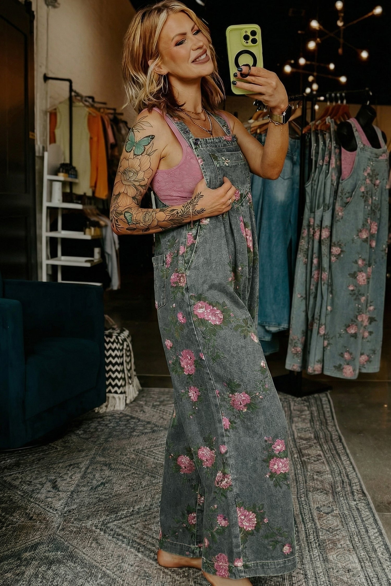 Gray Beau Floral Print Pleated High Waist Wide Leg Denim Jumpsuit