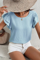 Mist Blue Solid Color Ruffled Short Sleeve Casual Blouse