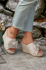 Oatmeal Cute Bow Knot Studded Wedge Platform Slippers