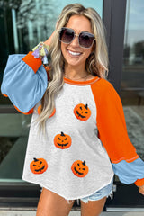 Light Grey Chenille Halloween Pumpkin Patched Color Block Patchwork Long Sleeve Top
