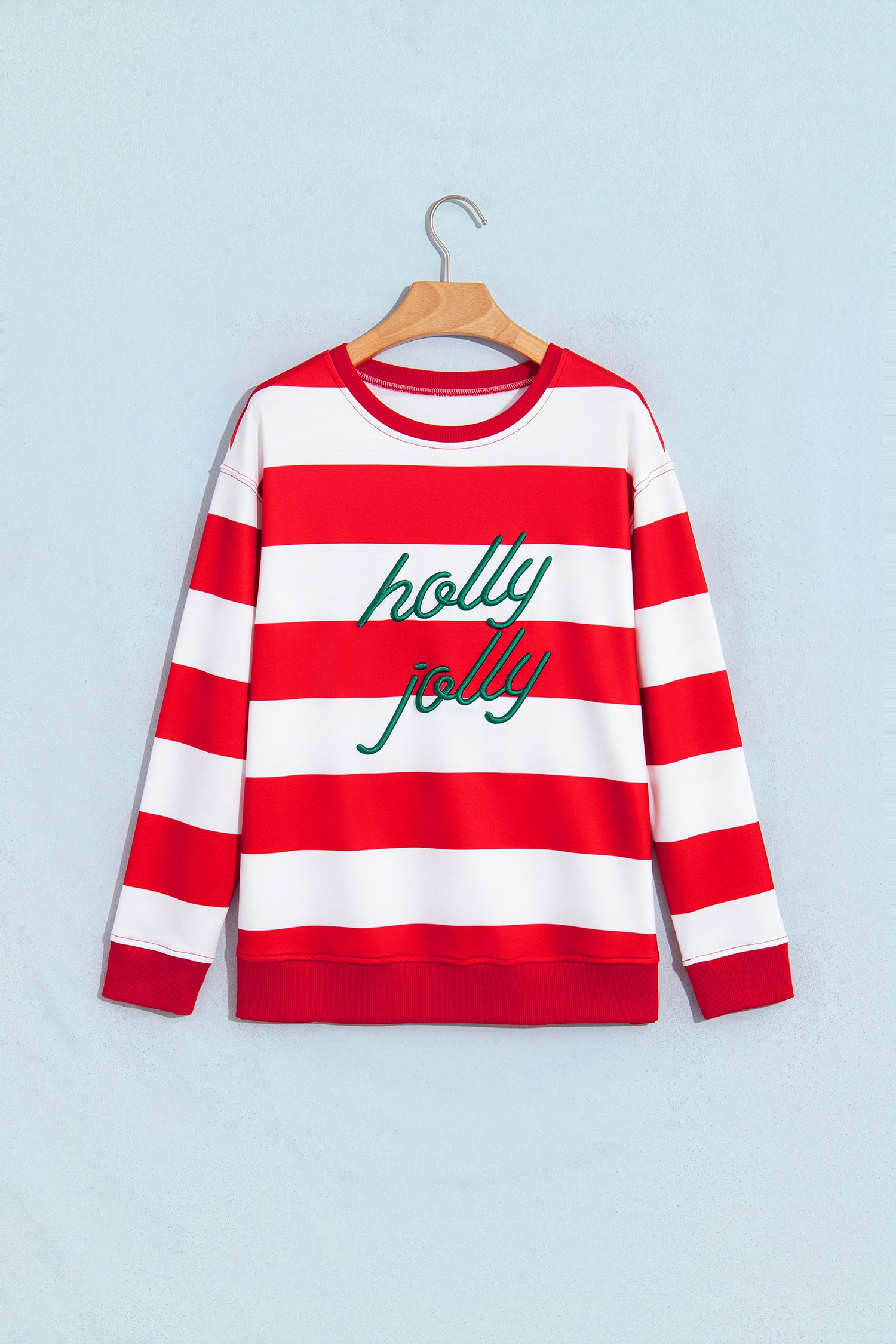 Red Stripe holly jolly Letter Embroidered Pullover Sweatshirt