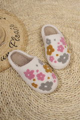 White Fuzzy Flower Pattern Winter House Slippers