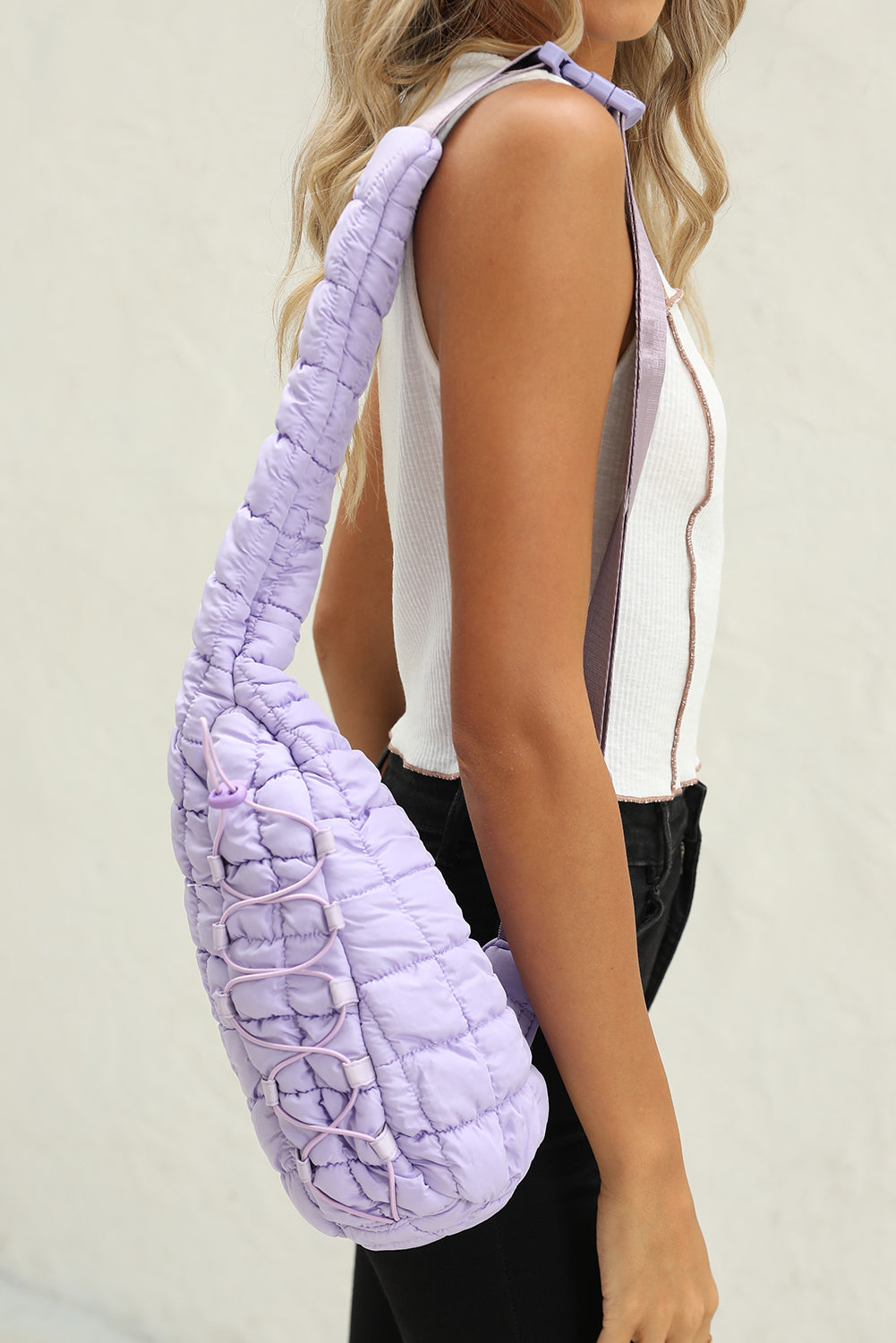 White Marshmallow Quilted Drawstring Decor Sling Bag